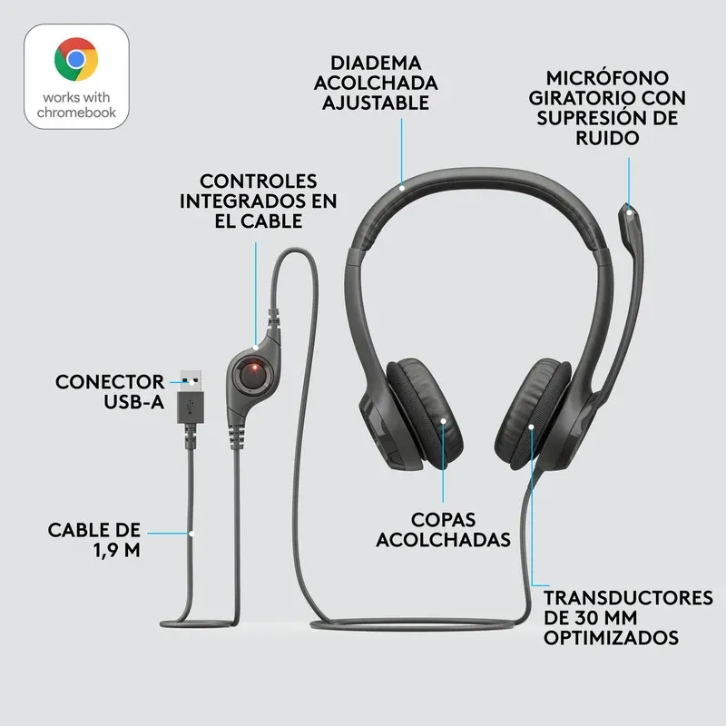 Diadema estéreo USB Logitech H390 con micrófono de cancelación de ruido negra