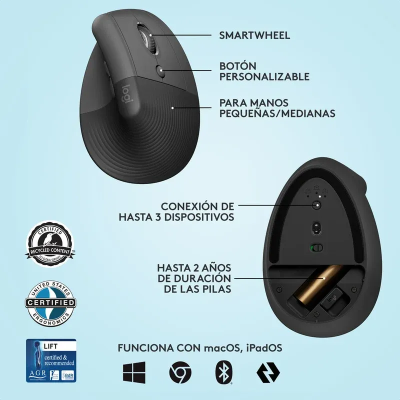 Mouse Logitech Lift Vertical Ergo Inalámbrico Grafito-Partes.webp