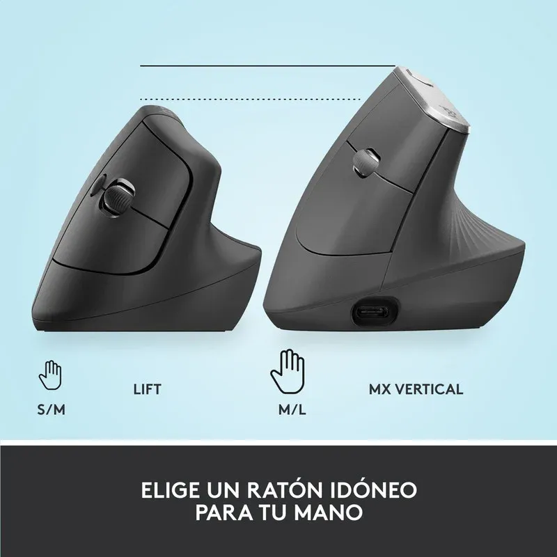 Mouse Logitech Lift Vertical Ergo Inalámbrico Grafito-Comparativa tamaños lift vs mx vertical.webp